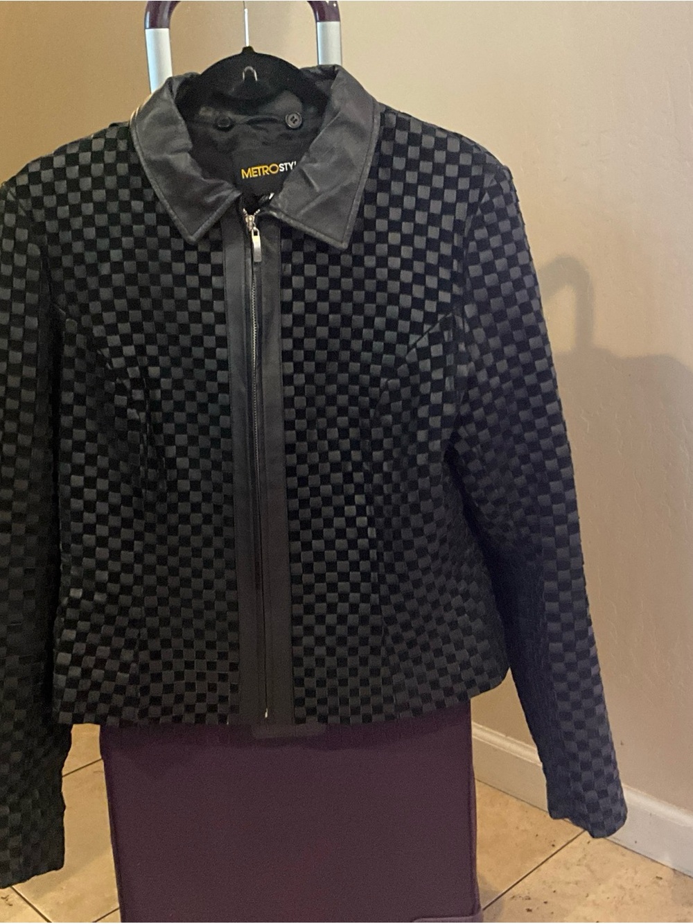 metrostyle Black Checkered Zip-Up Women's leather jacket